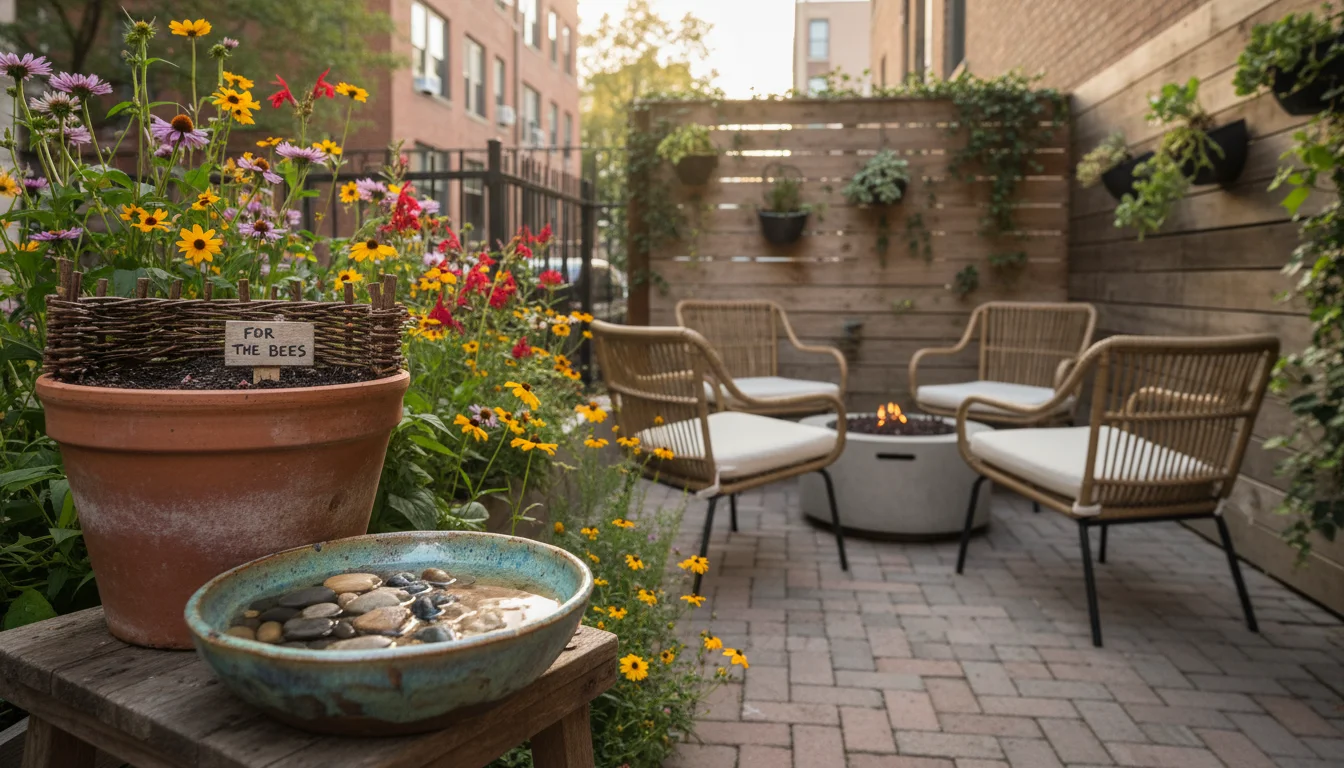 A small urban patio features a ceramic bird bath with stones, a container with bare soil for bees, and a bundle of hollow bamboo stems for insect shel