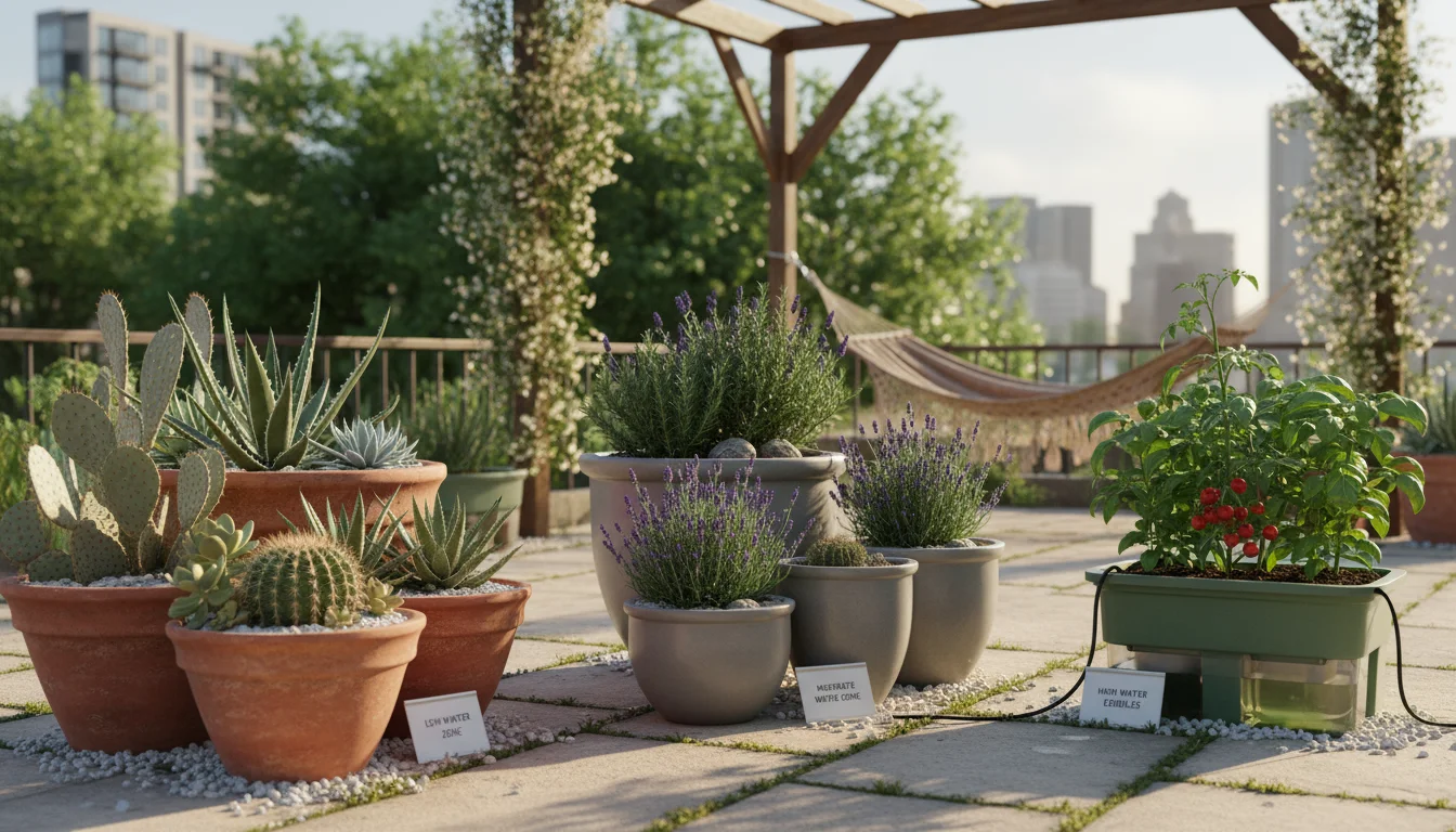 A small urban patio garden featuring grouped container plants: succulents in terracotta pots, herbs in ceramic, and edibles in a self-watering planter