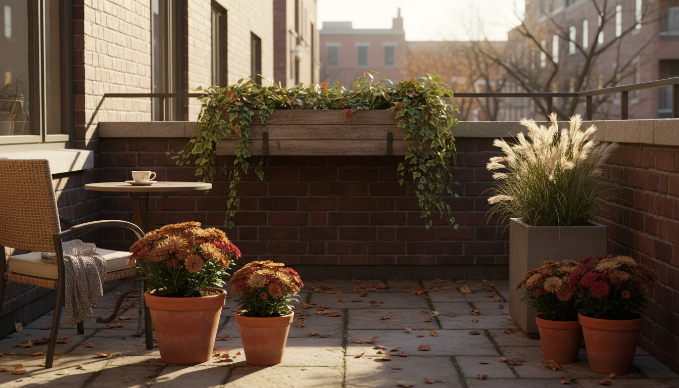 A small, inviting urban patio in late autumn afternoon light, featuring thriving container plants like mums, ornamental grass, and trailing ivy in bal