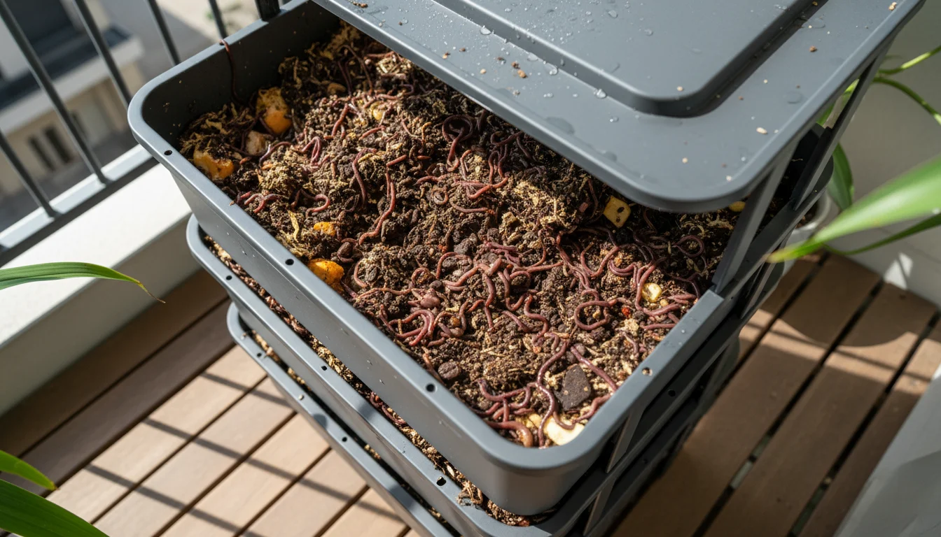 View into a small urban worm bin on a balcony, showing active Red Wiggler worms composting food scraps and paper near the surface.