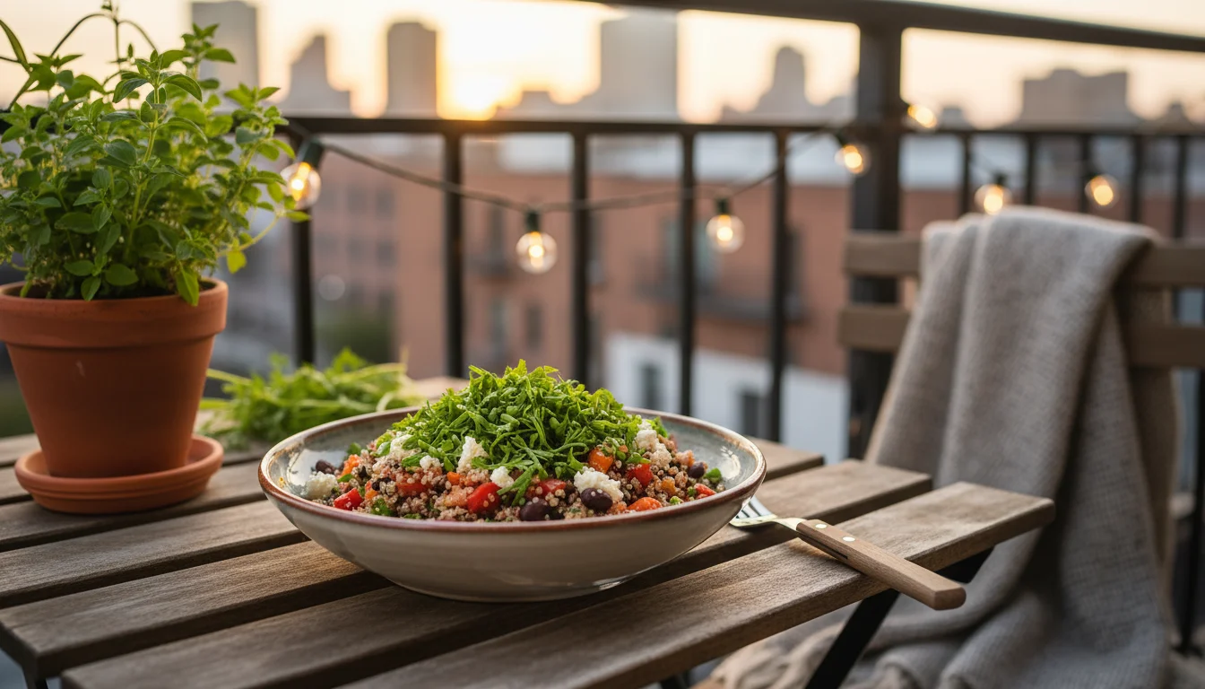 A small, vibrant dish garnished with green carrot tops on a rustic wooden patio table. A blurred plant pot is in the background.