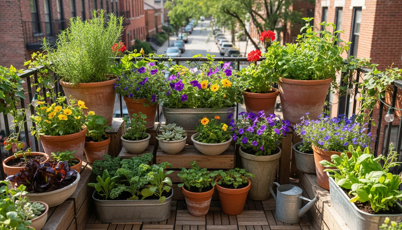 A small, vibrant urban balcony garden with various container plants thoughtfully arranged by height and need, showing clear access pathways.