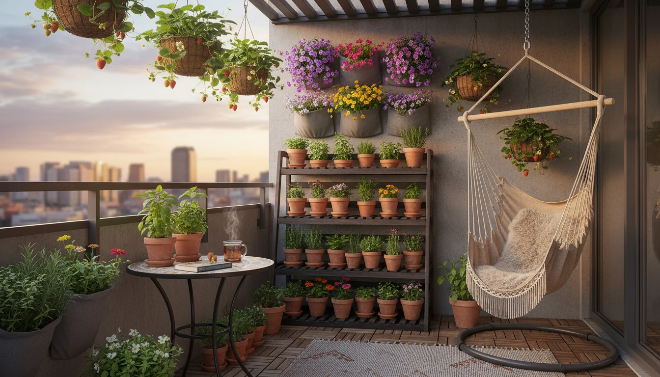 A small, vibrant urban balcony packed with diverse vertical gardens: tiered shelves, wall-mounted planters, hanging strawberry baskets, and a trellise