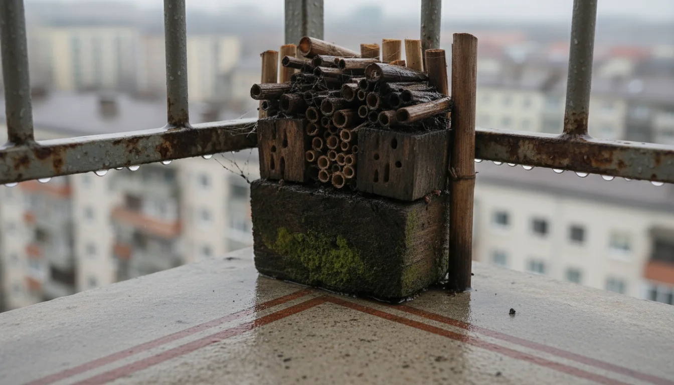 A small, waterlogged insect hotel on a balcony corner, showing dark, damp wood and green mold, contrasting with healthy potted plants in the backgroun