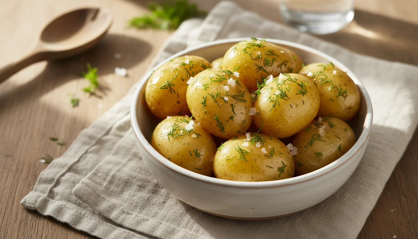 A small white bowl of boiled new potatoes with melted butter and fresh dill, on a linen placemat with blurred container herbs in the background.