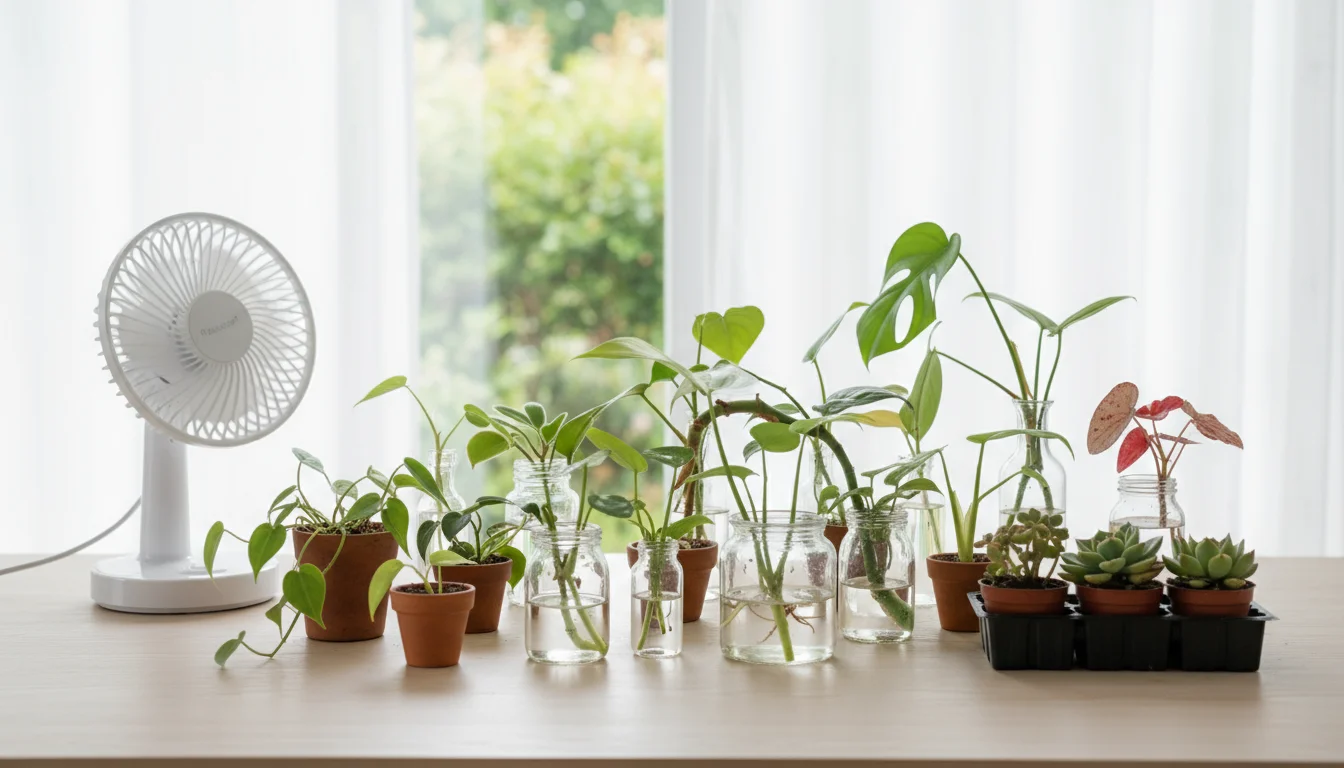 A small white desk fan on its lowest setting gently circulates air around various plant cuttings in small pots and trays on a wooden table indoors.