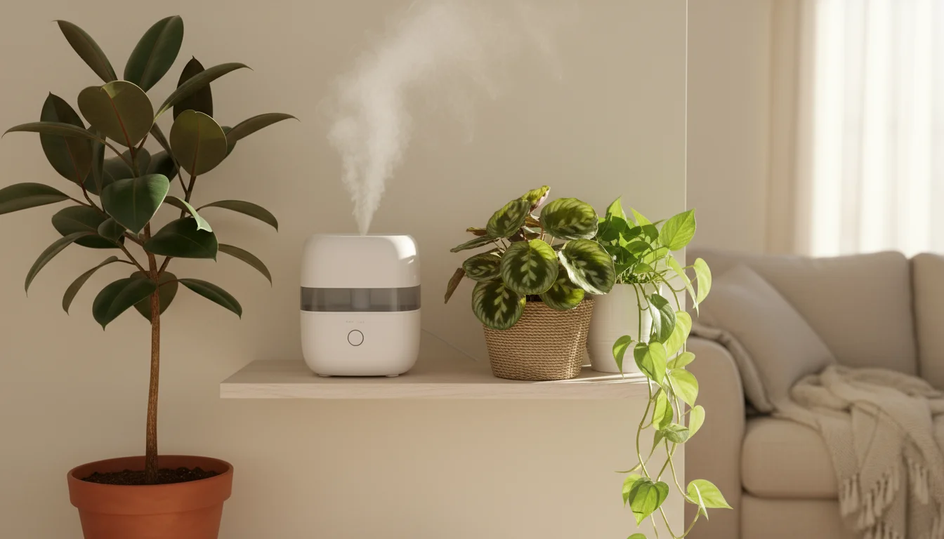A small white humidifier generating mist among a lush collection of houseplants on a wooden shelf in an apartment.