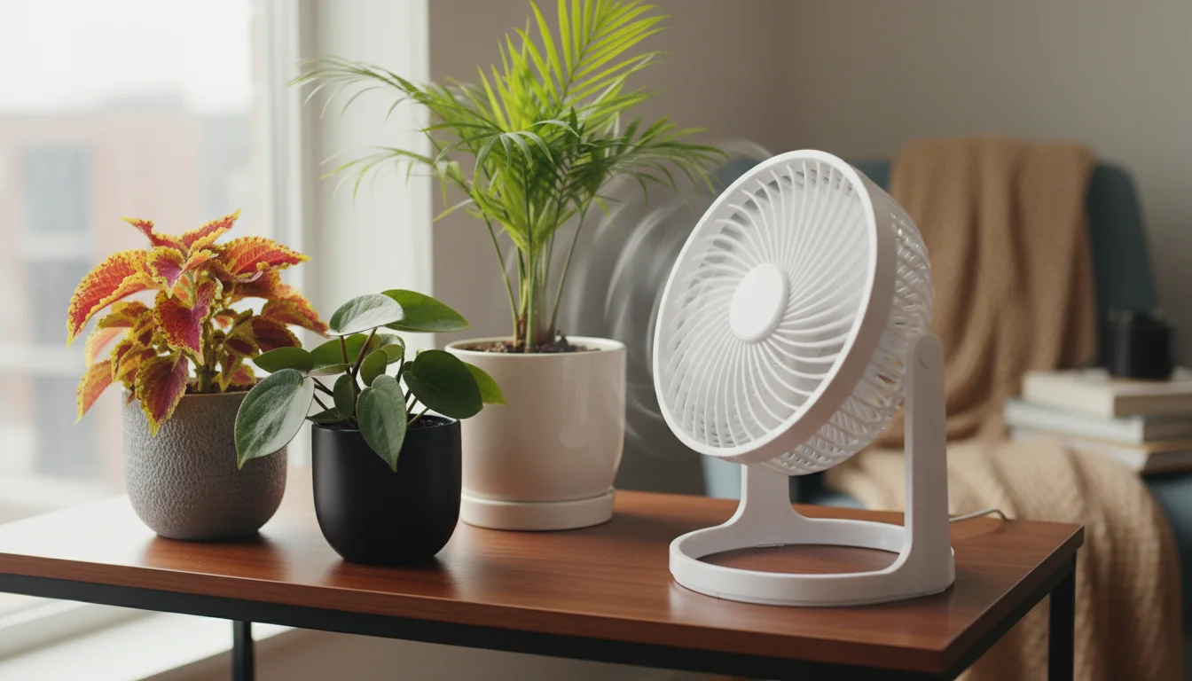 Small white oscillating fan on a dark wooden shelf gently blowing air across three healthy potted plants: coleus, peperomia, and parlor palm.