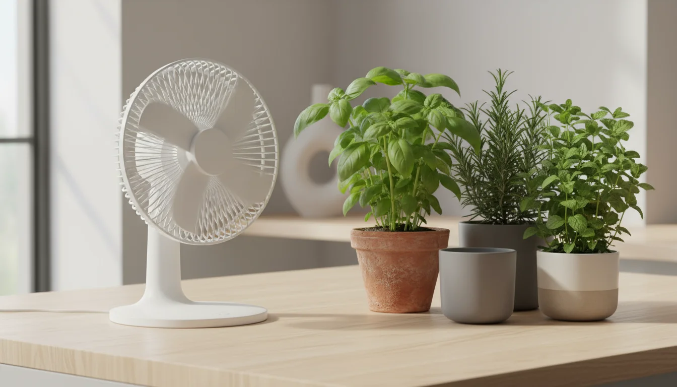 A small, white oscillating fan gently moves air over healthy potted basil, rosemary, and mint on a light wooden counter.