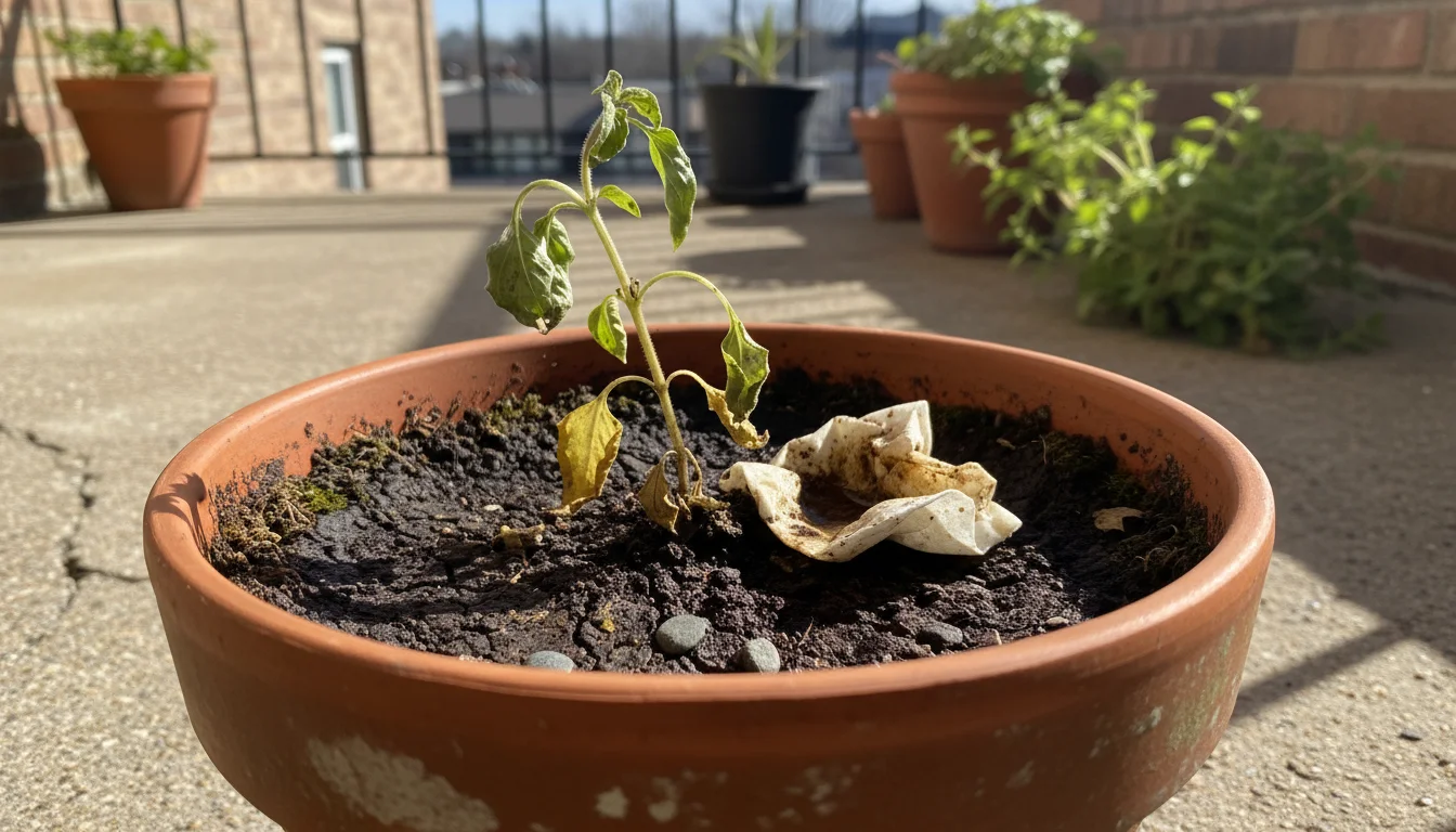 A small, wilted basil plant with yellowing leaves in a terracotta pot with visibly compacted, cracked dark soil on a sunny balcony.
