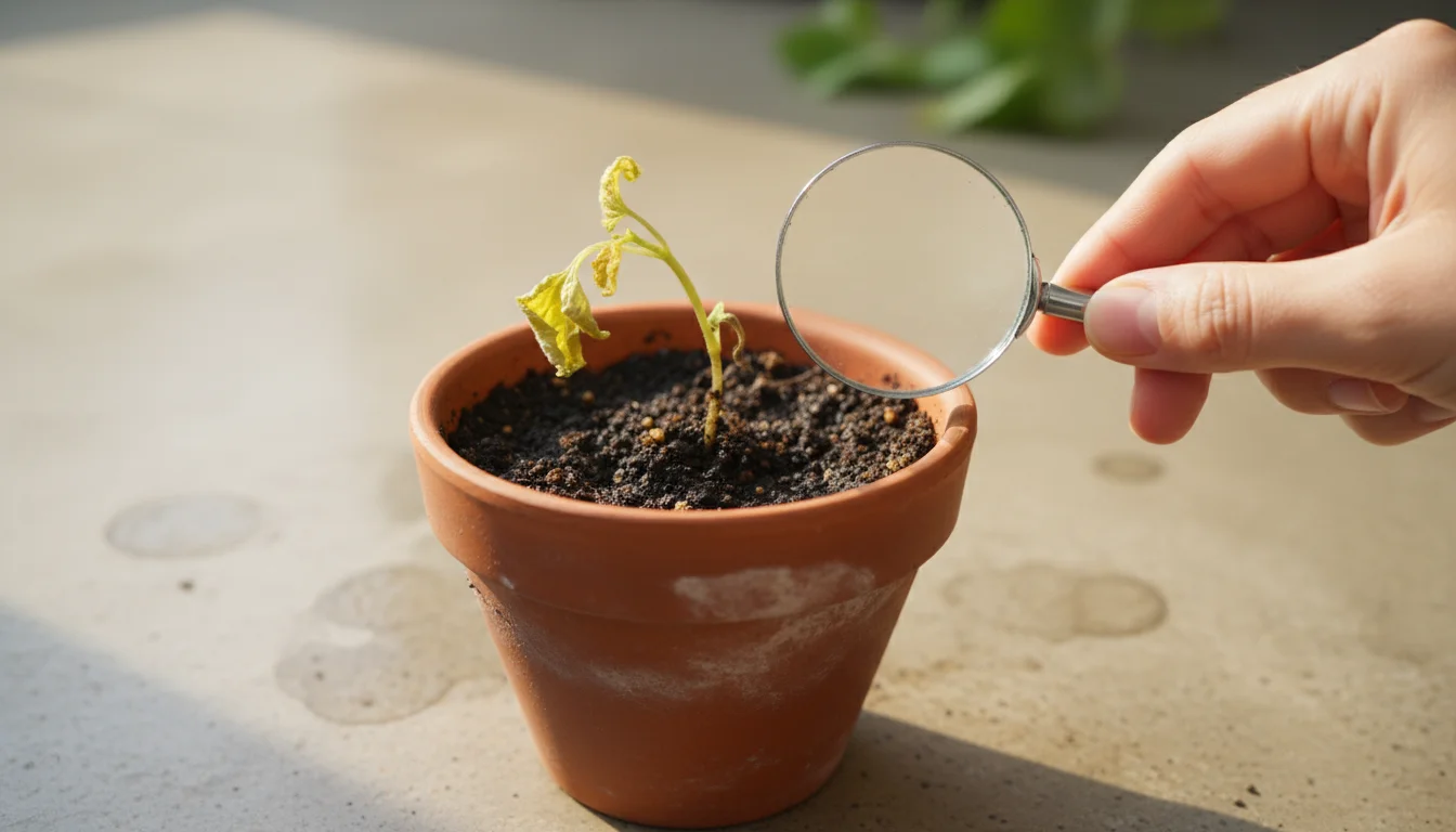 A close view of a small, wilting seedling in a terracotta pot. A hand holds a magnifying glass over the moist soil.