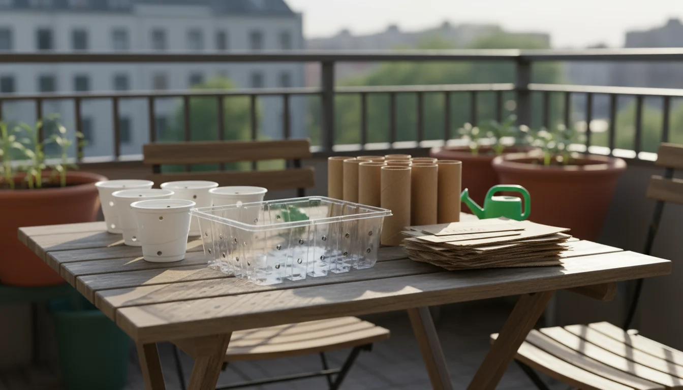 A small wooden patio table on a balcony with various repurposed items for seed starting: yogurt cups, a berry carton, toilet paper rolls, DIY labels,