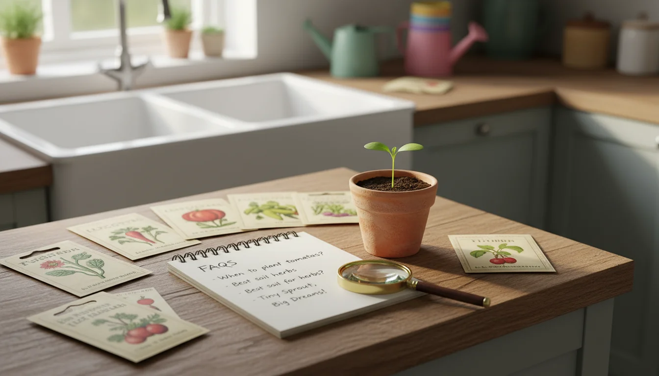 A small wooden table with assorted seed packets, an open notebook with questions, a magnifying glass, and a terracotta pot with a fresh green seedling