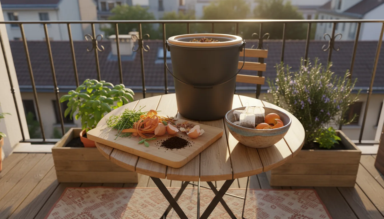 A small wooden table on a sunlit balcony with a bokashi bucket, neatly sorted food scraps, and a separate bowl of items to avoid, including a large bo