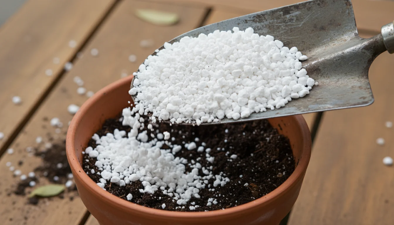 A small, slightly worn metal trowel overflows with chunky white perlite, held above a rustic terracotta pot containing dark potting mix.