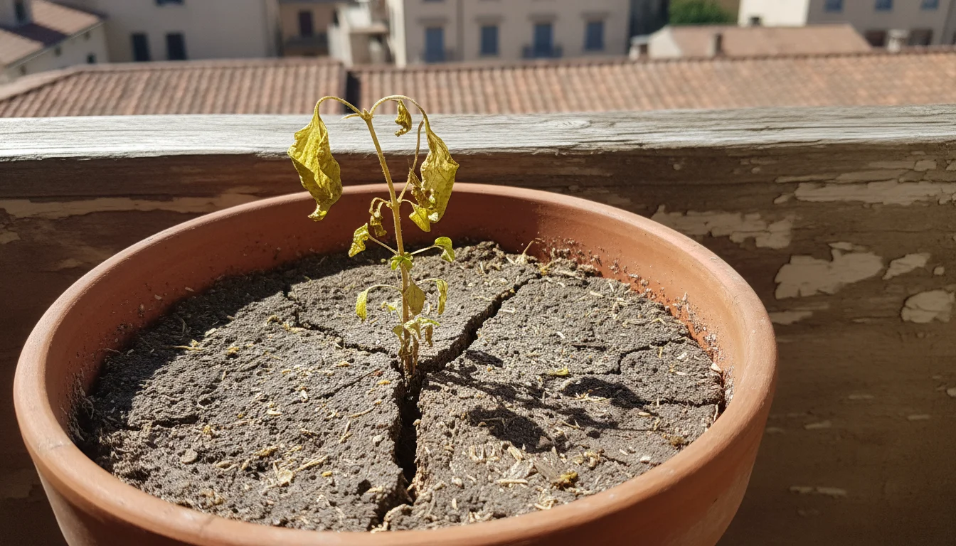 A small, yellowed basil plant struggles in dense, cracked, low-quality soil within a terracotta pot on a sunny balcony railing.