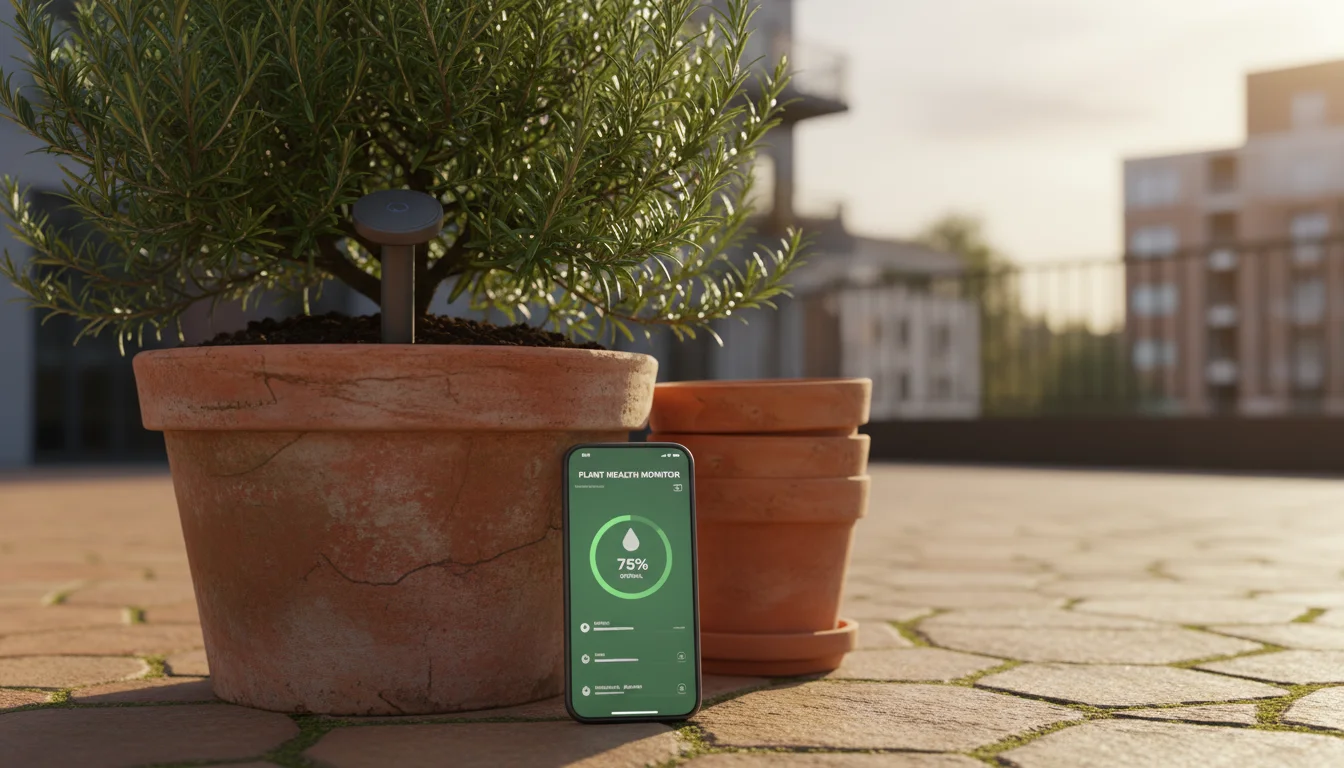 A smart soil moisture sensor probe in a weathered terracotta pot with a rosemary plant on a sunny patio, a smartphone next to it displaying real-time