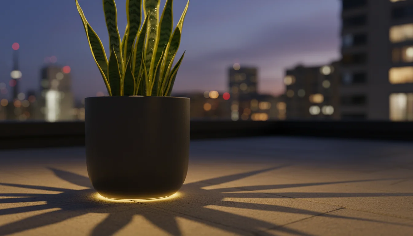 Close-up of a snake plant in a dark pot on a patio at twilight, dramatically lit by a hidden warm LED casting long shadows on a concrete wall.