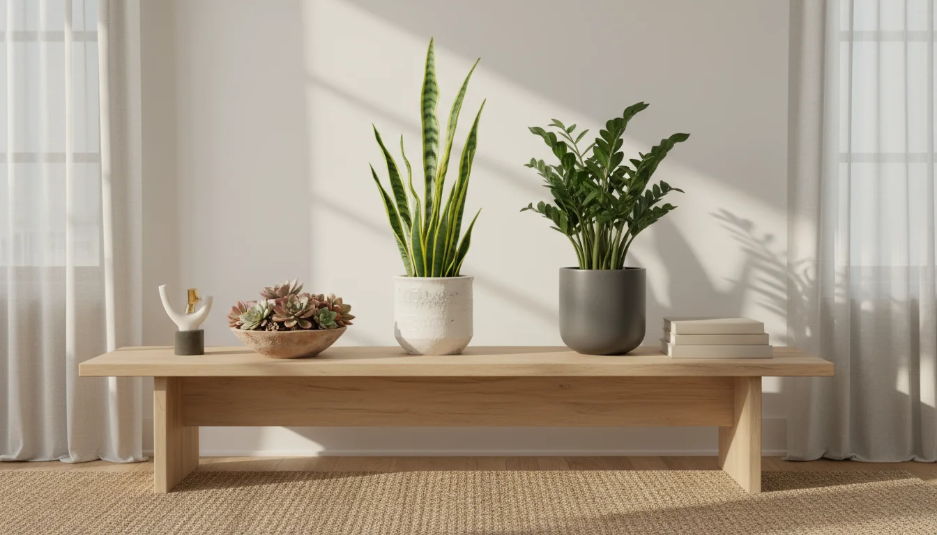 A snake plant, succulents, and a ZZ plant thrive on a light wooden console table in a sunlit apartment living room.