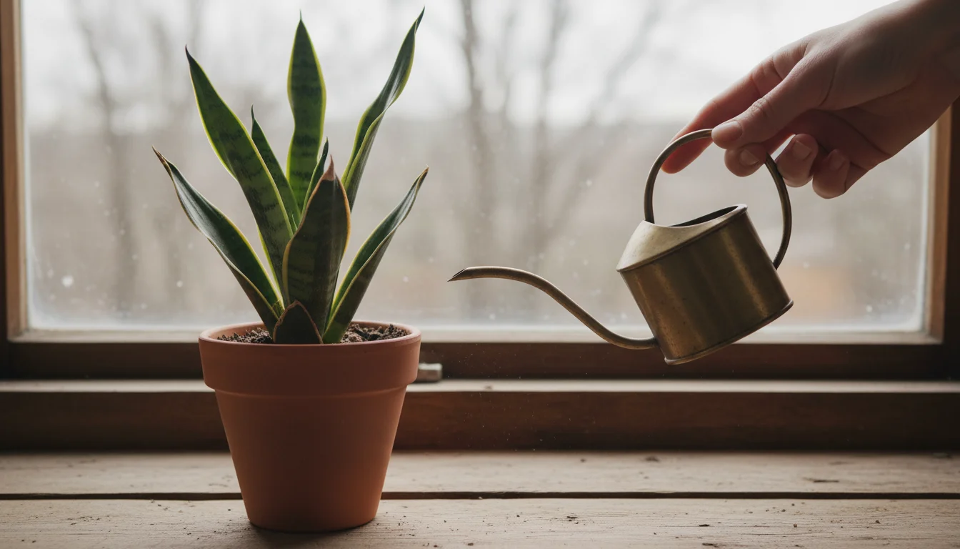A Snake Plant in a terracotta pot on a windowsill, showing leaves with crispy brown tips. A hand gently touches one of the affected leaves.