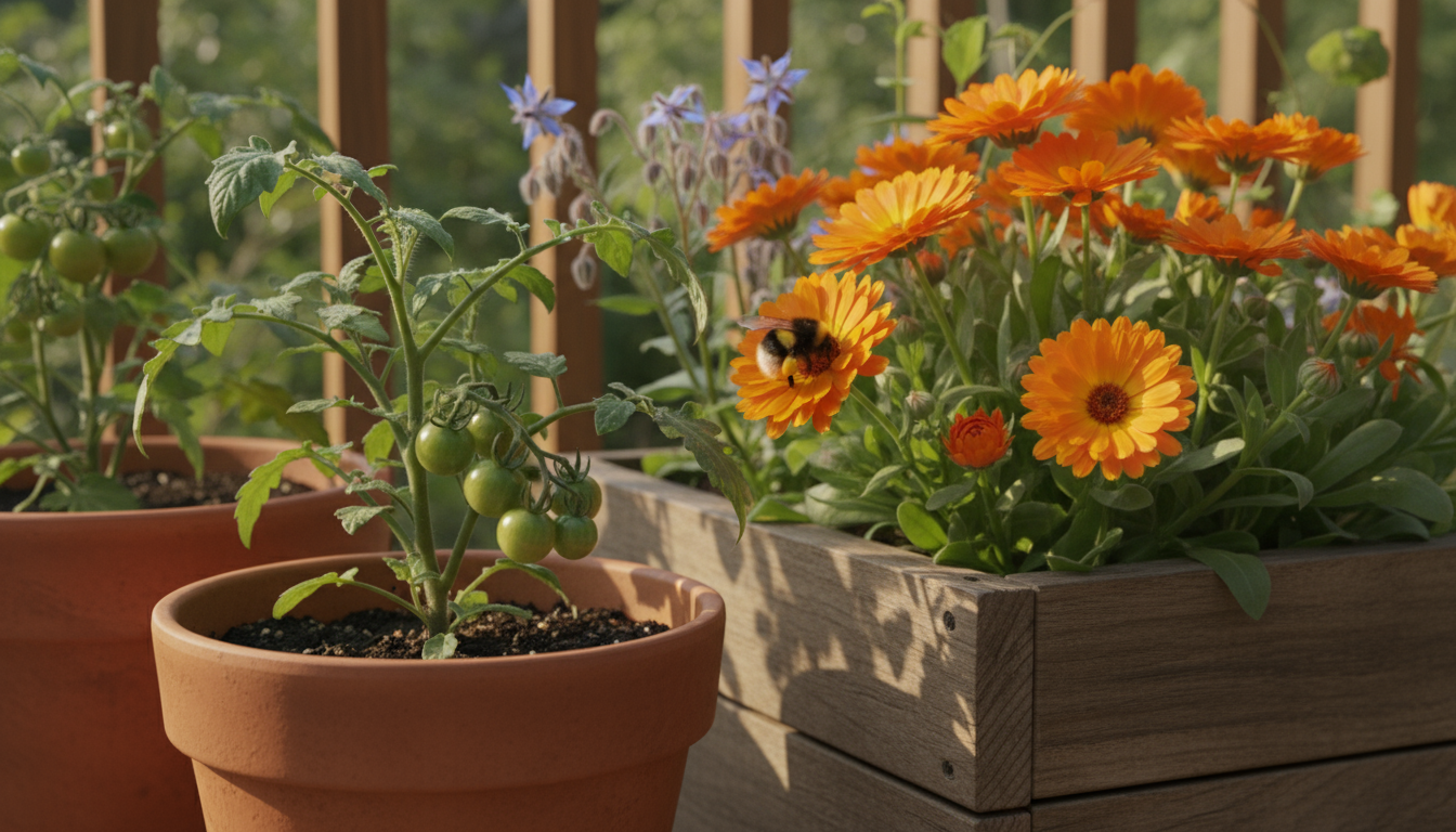 A person mists herbs in a thriving urban balcony garden with diverse companion plants in repurposed containers and a vertical planter.
