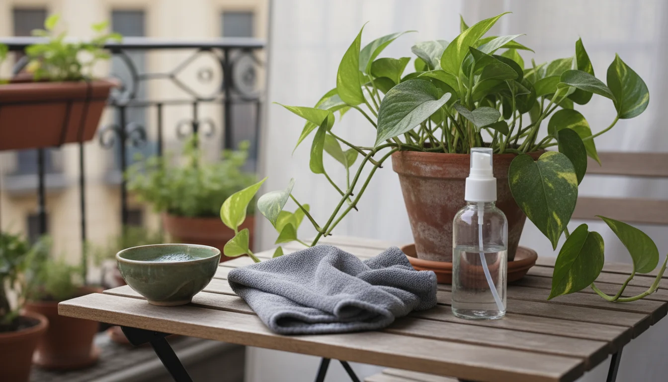 A soft microfiber cloth, a small bowl with soapy water, and a spray bottle are neatly arranged on a rustic wooden table next to a potted Pothos plant 