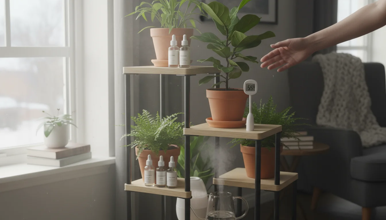 Soft winter light on a vertical plant stand in an apartment. A hand observes a potted plant with a soil moisture meter.