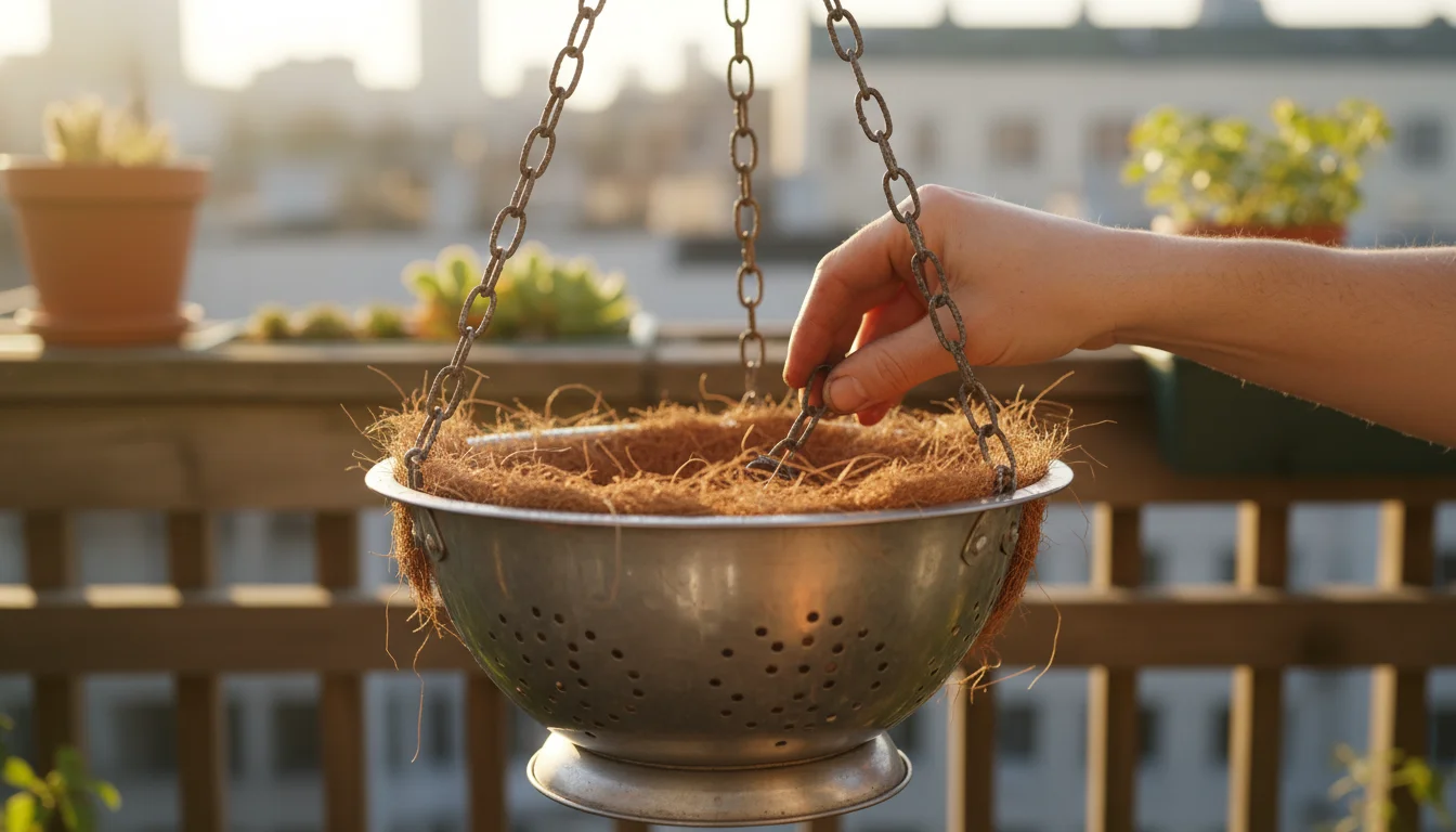 A soil-dusted hand secures a chain to a coconut coir-lined metal colander, converting it into a hanging basket on a bright balcony.