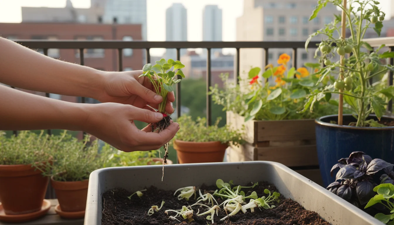 Soil-dusted hands planting small green radish seedlings into a rectangular balcony planter with visible harvested lettuce bases.