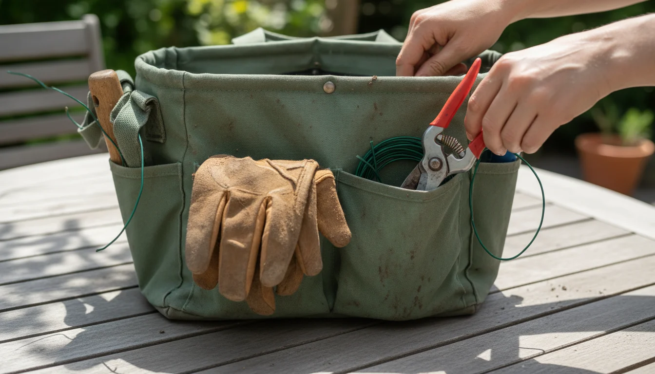 Close-up of soil-dusted hands retrieving pruners from a sage green canvas garden tool caddy on a sun-dappled wooden patio table, next to potted herbs.