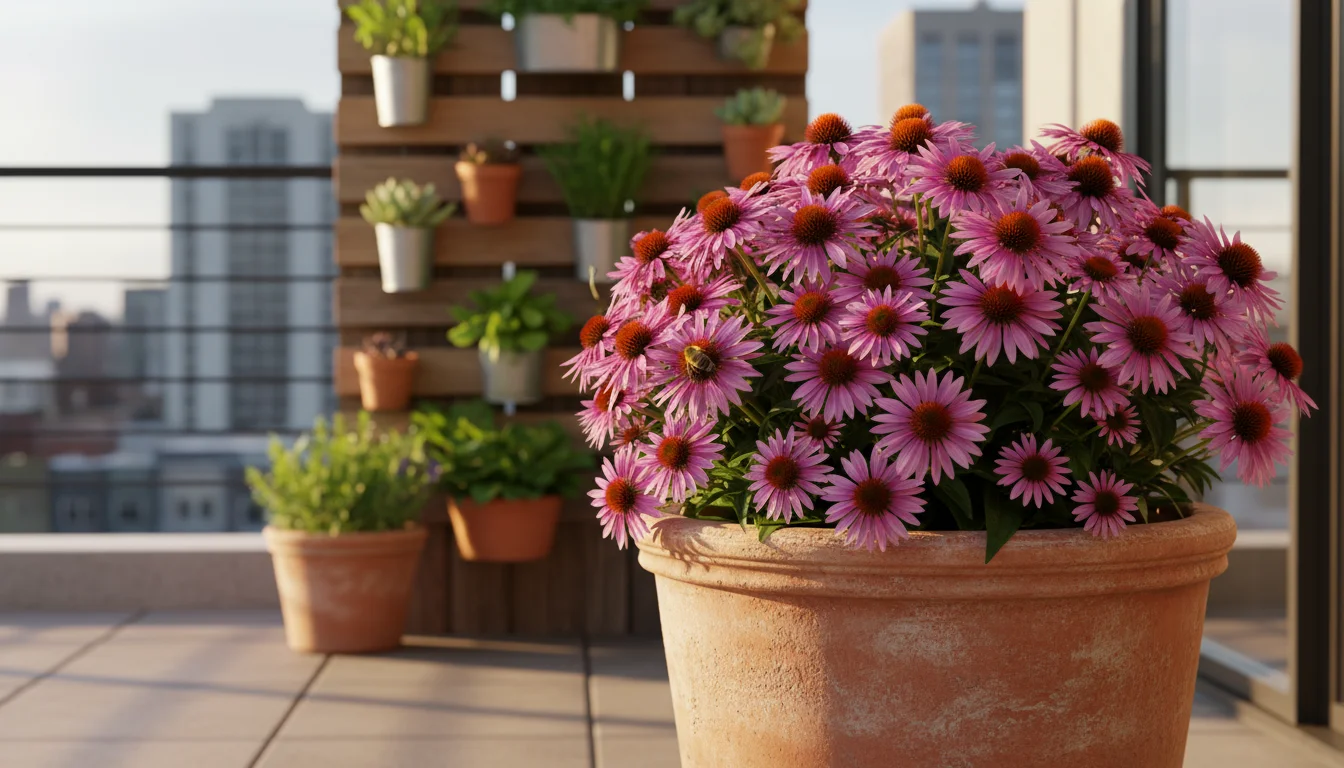 A solitary bee on bright purple coneflowers in a large terracotta pot on a sunny patio, with blurred background container gardens.