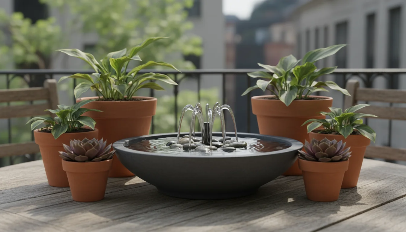 A soothing, self-contained dark grey ceramic bowl fountain with cascading water and river stones, set on a patio table amidst potted plants.