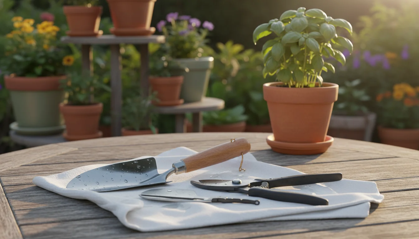 Sparkling clean hand trowel, pruners, and snips laid out on a white cloth on a patio table to air-dry.