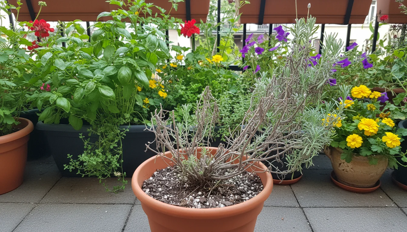 A sparse, over-pruned lavender plant in a terracotta pot on a patio, contrasting with lush, healthy container plants in the background.