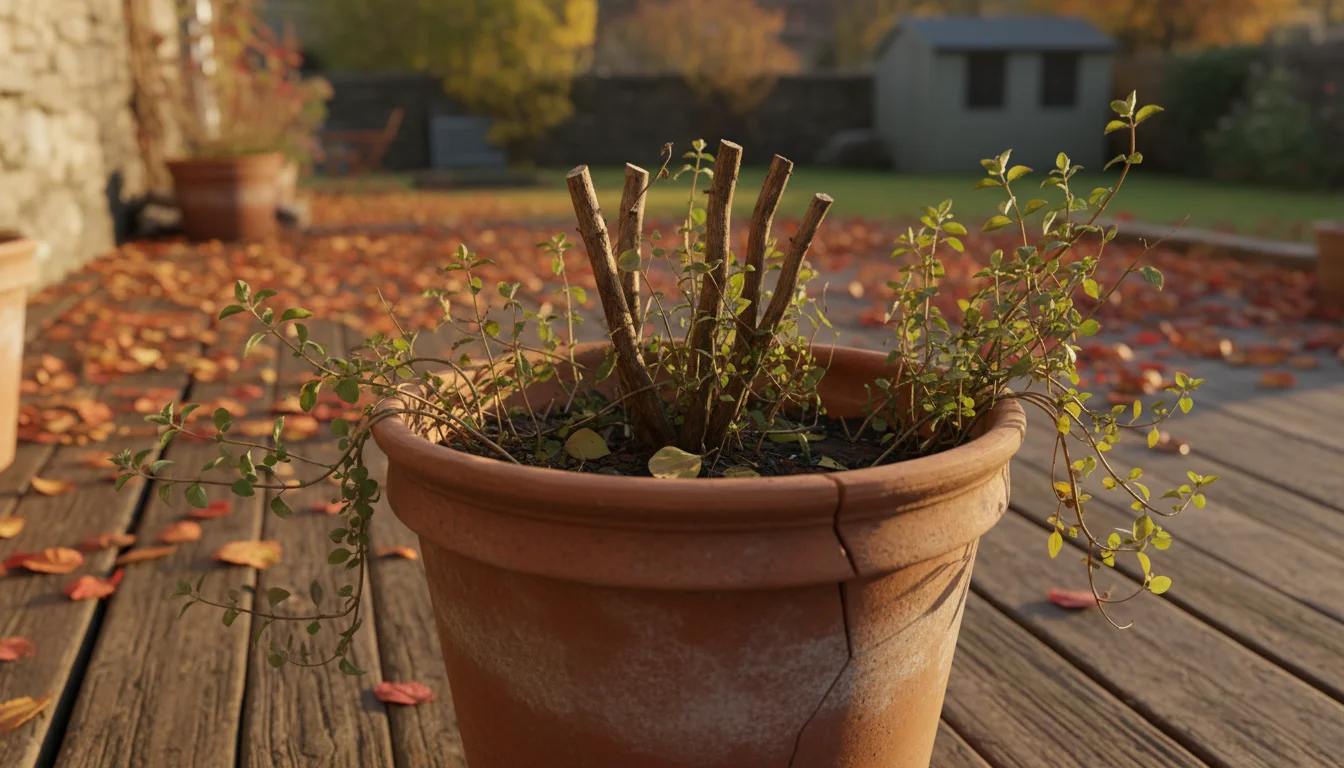 Sparse, stressed oregano plant in a terracotta pot, showing woody stems cut too low after incorrect pruning.