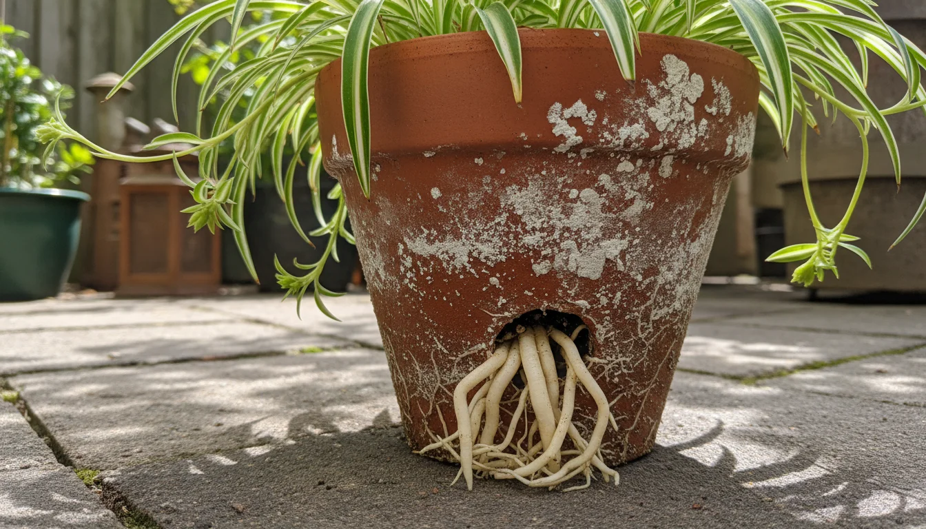 Close-up of a spider plant in a terracotta pot on a patio, showing white mineral buildup and roots emerging from the drainage hole.
