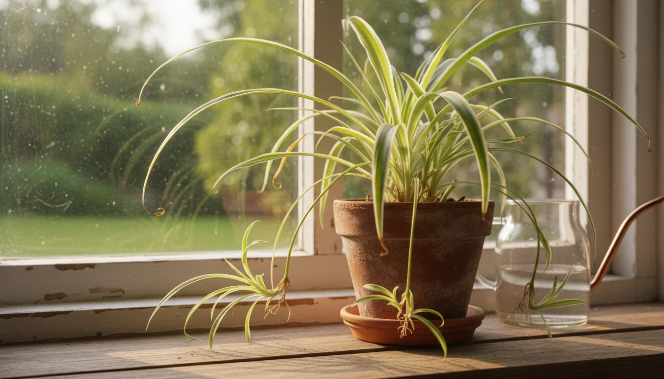 A spider plant in a terracotta pot with subtle brown leaf tips and a half-empty fertilizer bottle nearby, on a windowsill in soft winter light.