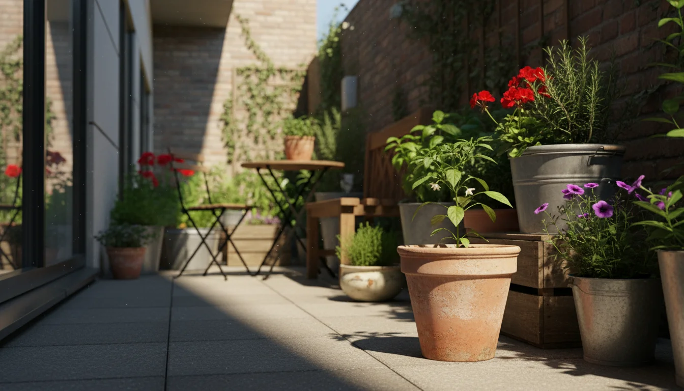 A spindly pepper plant in a terracotta pot sits in a deep shadow on an urban patio, showing no fruit or flowers, contrasting with vibrant herbs thrivi