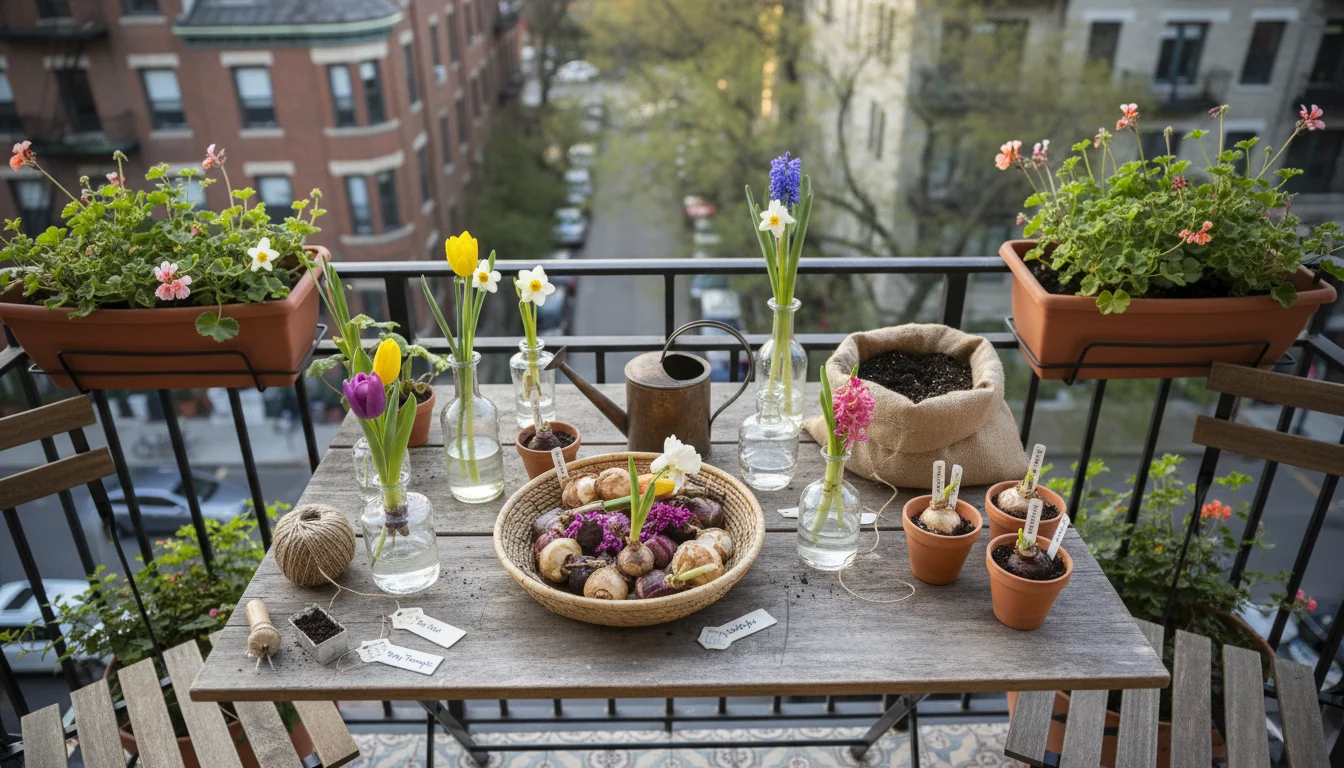 Overhead view of spring bulbs, terracotta and ceramic pots, potting mix, gardening gloves, trowel, and watering can arranged on a wooden balcony table