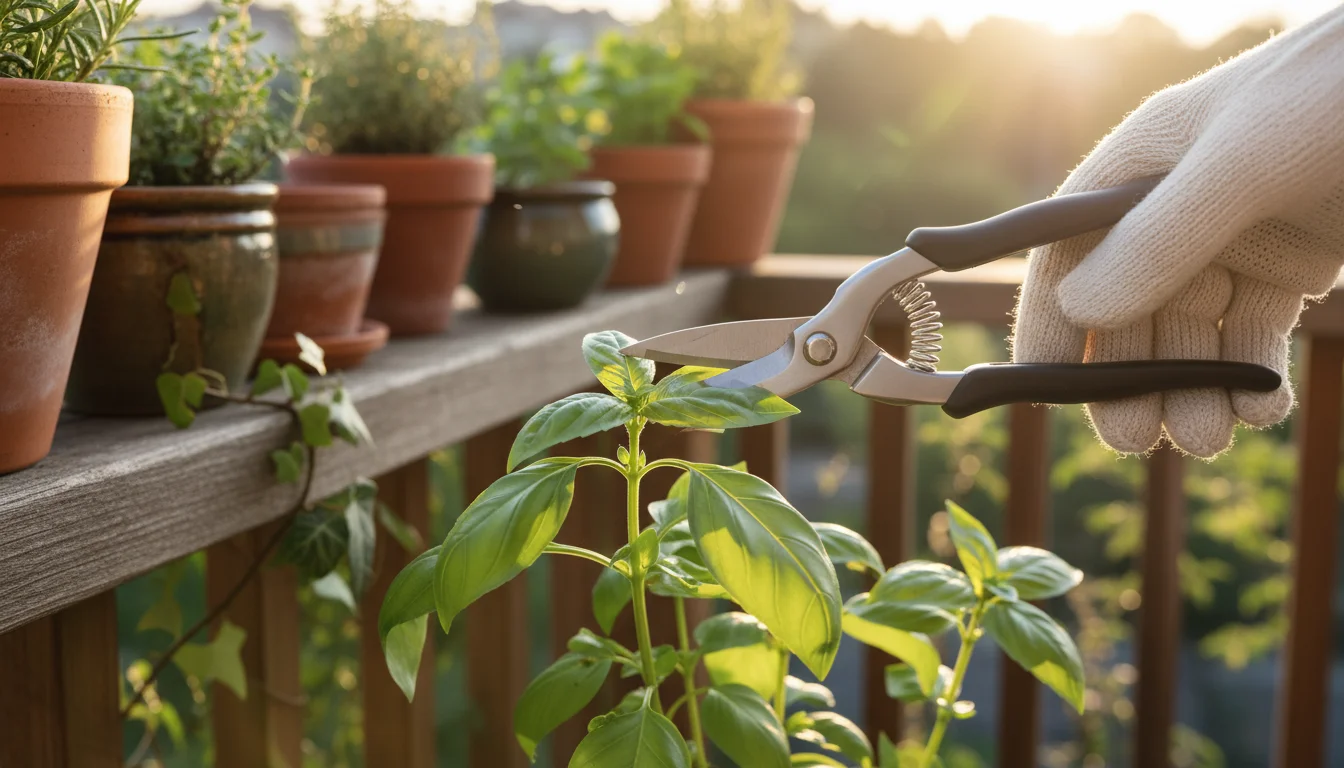 Close-up of spring-loaded herb snips cutting a basil leaf, with blurred potted herbs on a balcony railing in background.