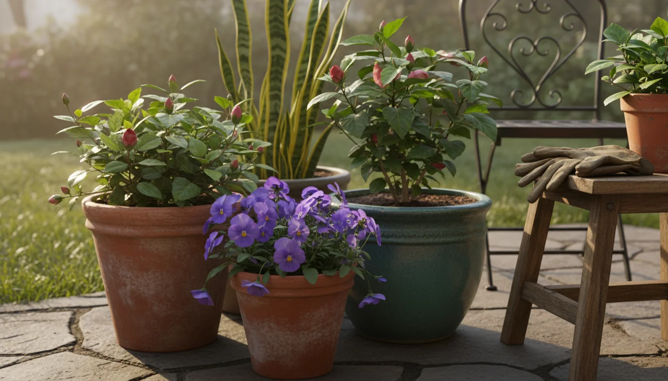 A spring patio corner featuring a terracotta pot of purple pansies, a ceramic pot with a budding hibiscus, a snake plant, and gardening gloves on a wo