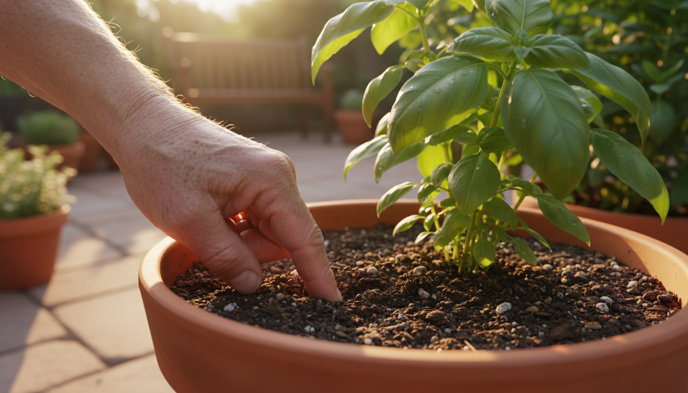 A senior woman easily slides a fabric grow bag with a tomato plant across a sunny patio, demonstrating lightweight container mobility.