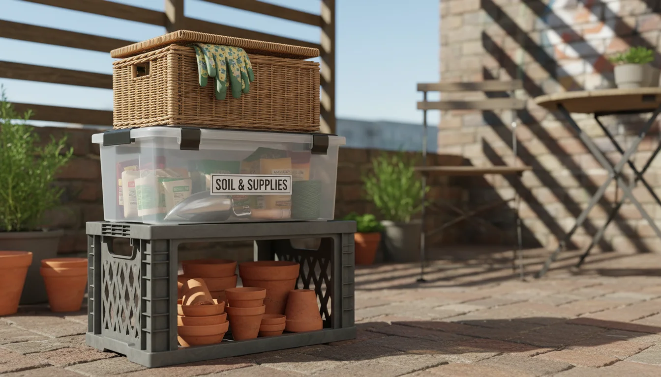 Stack of clear and opaque stackable storage bins with lids, holding gardening supplies like soil scoops and seeds, on a small patio.