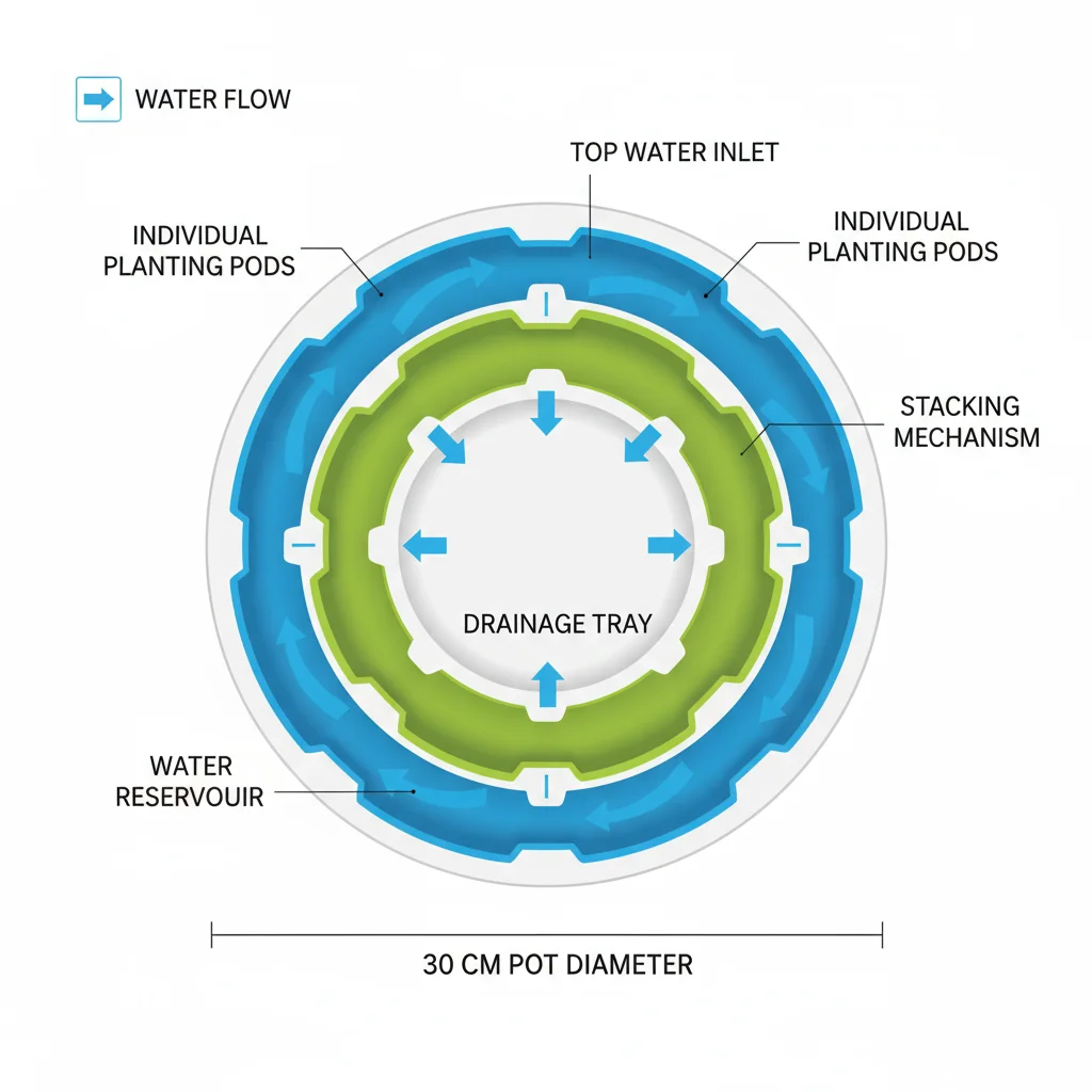 Stackable planter diagram: 3 pots (30cm) shown stacked. Arrows indicate water flow downwards through soil layers to drainage.
