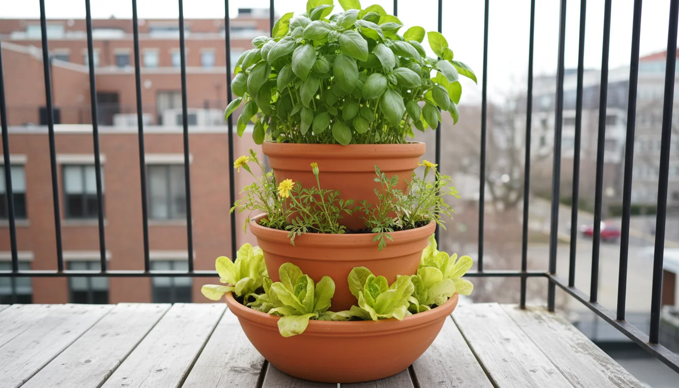 A stackable terracotta planter on a balcony shows healthy herbs on top, stunted marigolds in the middle, and struggling, yellowing lettuce at the bott