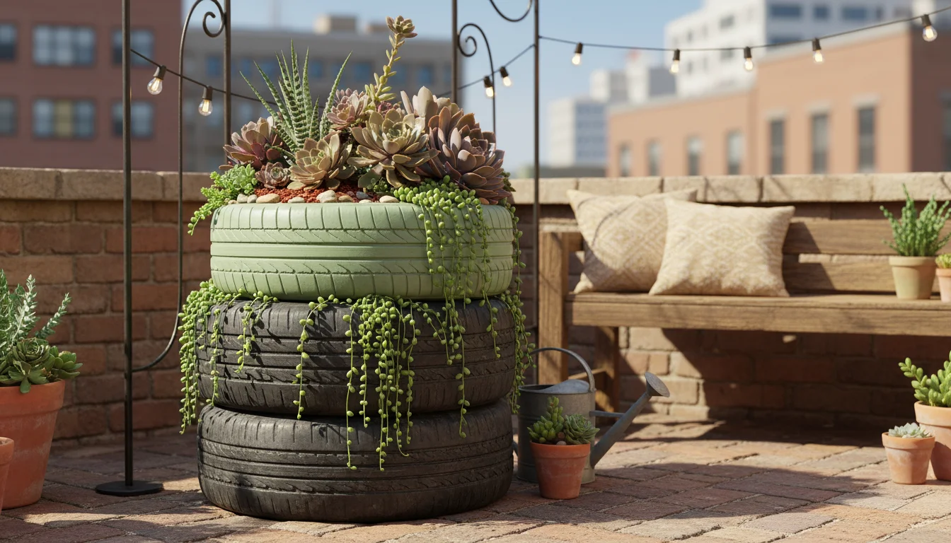 Stacked car tire planters on a brick patio, one painted sage green, overflowing with nasturtiums, calendula, sedum, and lobelia.