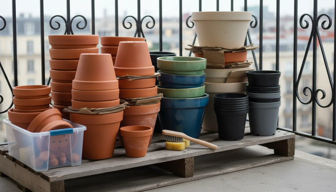 Neatly stacked, clean terracotta, ceramic, and plastic garden pots stored for winter on an urban balcony.