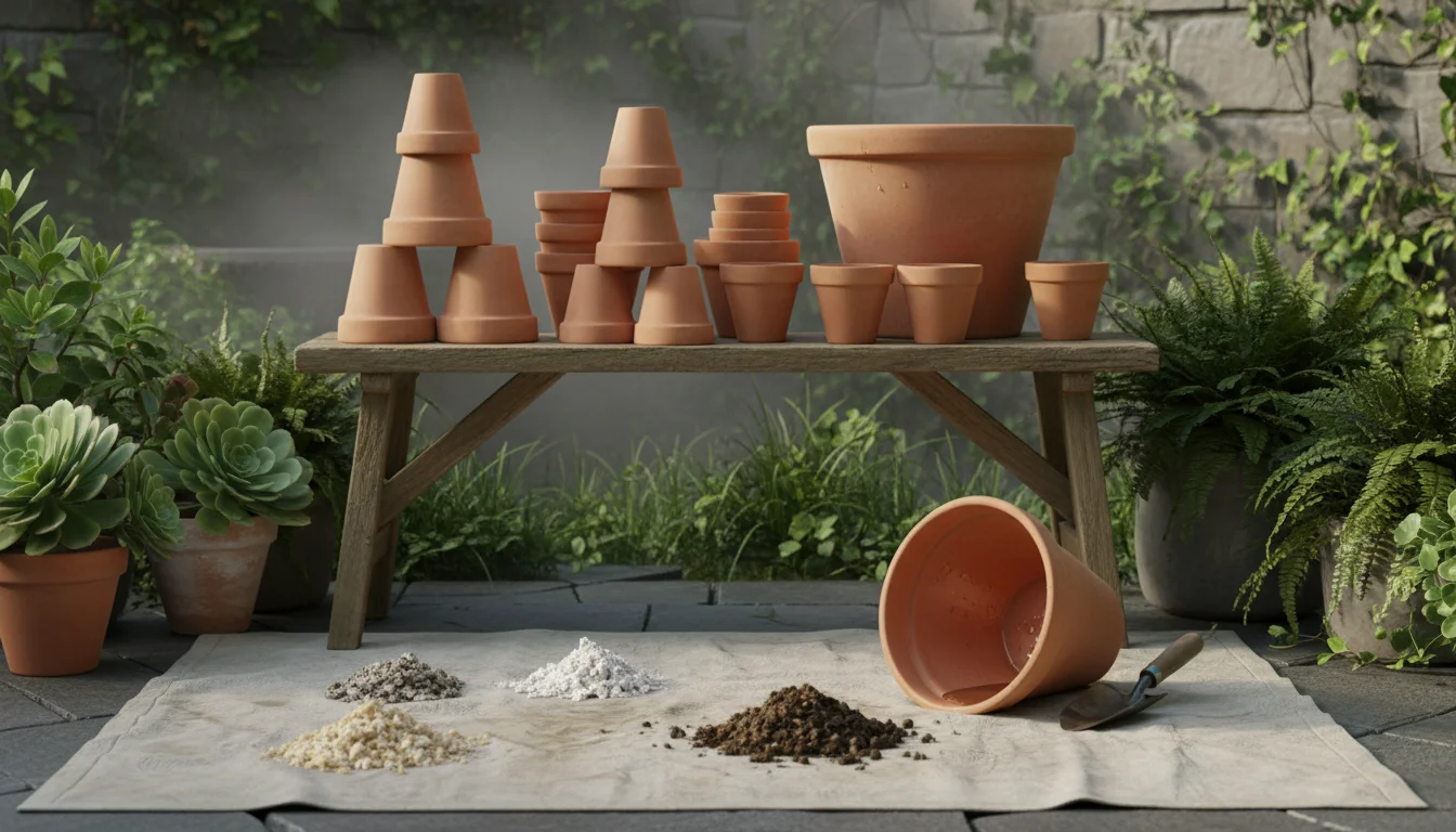 Stacked, clean terracotta pots on a wooden bench, with scraped mineral salts and compacted soil on a drop cloth.