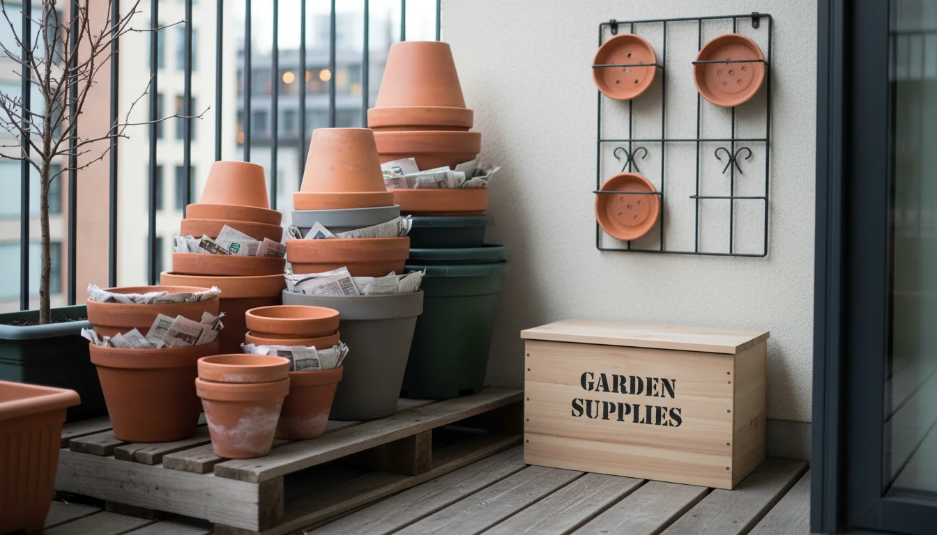 Stacked empty garden pots of various materials on a wooden pallet, cushioned with paper, and partially covered by a tarp on an urban patio.