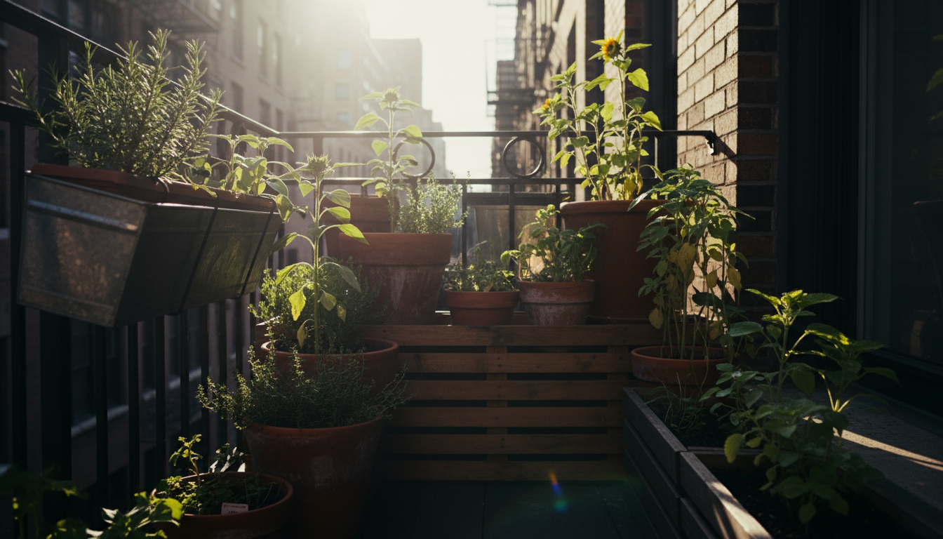 A severely underwatered rosemary plant with brown, crispy leaves in a dry, cracked terracotta pot on a sunny urban balcony ledge.